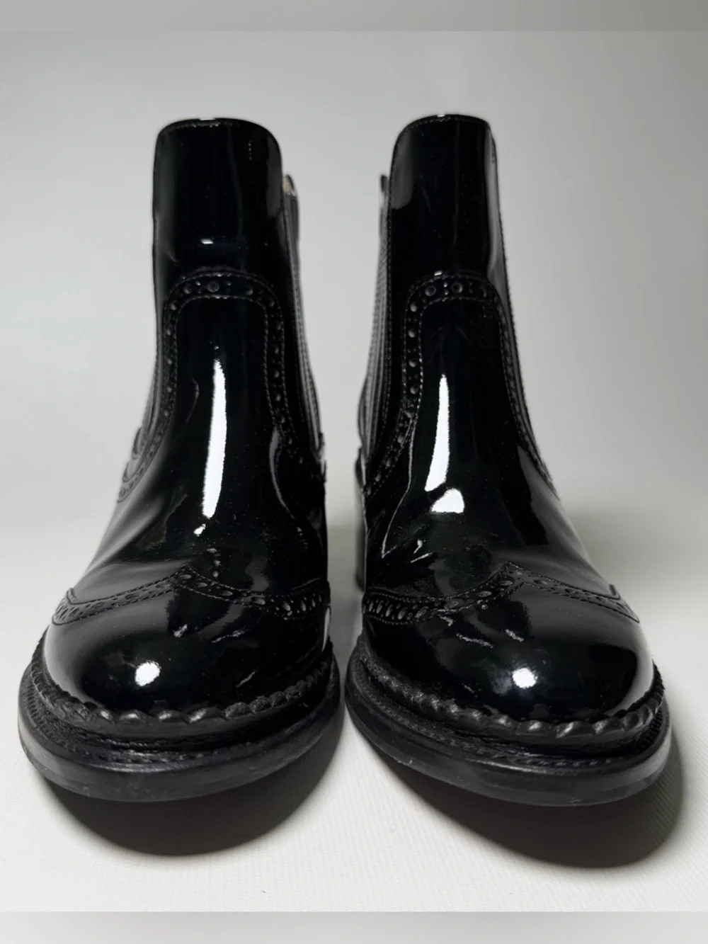 The Office of Angela Scott Patent Leather Wingtip Chelsea Boots - sz 35.5